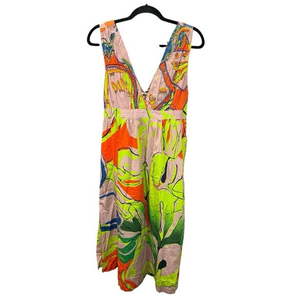 Anthropologie Nerida Midi Dress Medium Beaded V-Neck Colorful Print Cotton - Picture 6 of 14